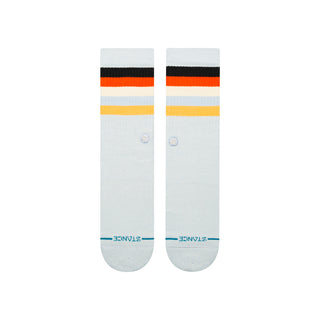 STANCE MALIBOO CREW SOCKS in white with black, orange, and yellow stripes and blue logo detailing