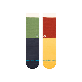 STANCE MESSED UP CREW SOCKS in green, navy, red, and yellow with contrasting heel and toe sections
