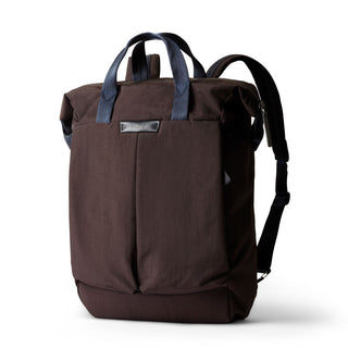 Bellroy Tokyo Totepack Compact in brown with navy handles and padded adjustable shoulder straps