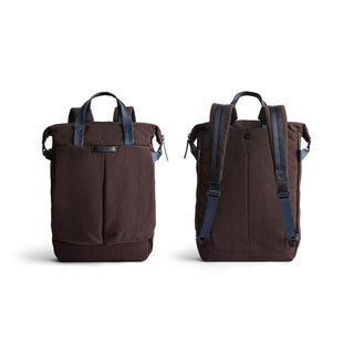 Bellroy Tokyo Totepack Compact in dark brown recycled fabric shown front and back view with navy straps