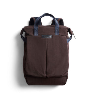 Bellroy Tokyo Totepack Compact in dark brown with blue handles made from recycled nylon fabric