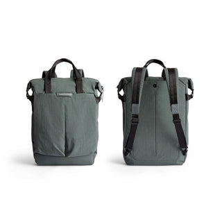 Bellroy Tokyo Totepack Compact in muted green showing front and back with padded straps and handles
