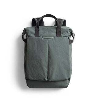 Bellroy Tokyo Totepack Compact in muted green with recycled fabric and front dual pockets visible from front angle