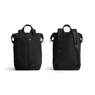 Bellroy Tokyo Totepack Compact in black showing front and back with recycled fabric and padded straps