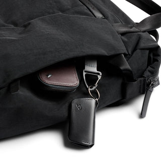 Bellroy Tokyo Totepack Compact in black showing durable fabric and attached leather key holder detail