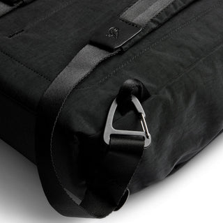 Bellroy Tokyo Totepack Compact close-up showing black recycled fabric and metal carabiner detail