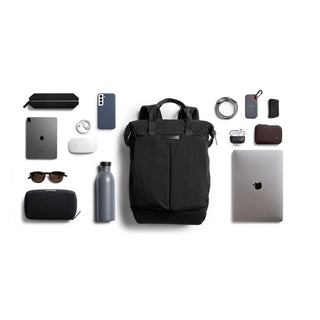 Bellroy Tokyo Totepack Compact in black recycled fabric with multiple everyday carry accessories displayed