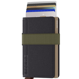 Secrid Bandwallet Liba non-leather wallet in black with green elastic band and multiple cards extended