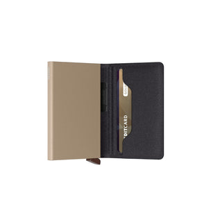 Secrid Bandwallet Liba non-leather compact wallet open showing beige and black textured interior with card slot