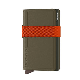 Secrid Bandwallet Liba non-leather wallet in olive green with bright orange elastic band by SECRID