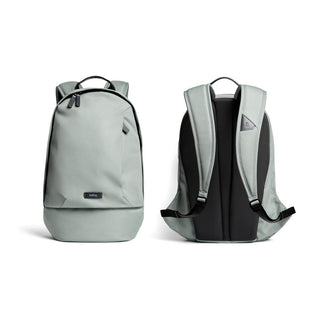 Bellroy Classic Backpack Second Edition in light gray fabric shown front and back views with padded straps