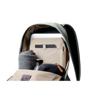 Bellroy Classic Backpack Second Edition open showing organized compartments and beige interior lining