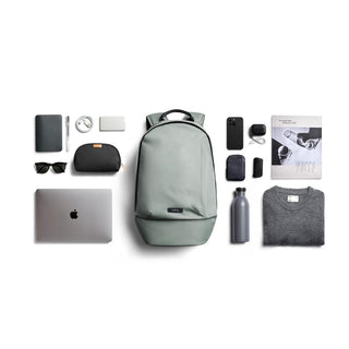 Bellroy Classic Backpack Second Edition in muted green with smooth recycled fabric and clean minimalist design