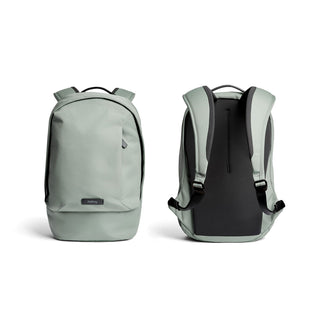 Bellroy Classic Backpack Compact in muted green showing front and padded back straps design