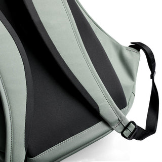 Bellroy Classic Backpack Compact showing padded adjustable straps and recycled fabric texture in muted green