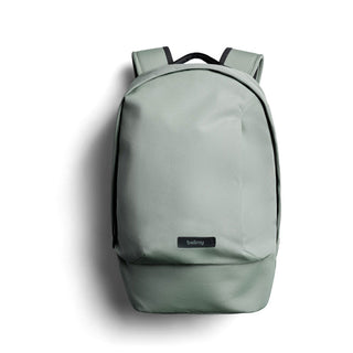 Bellroy Classic Backpack Compact in muted green with smooth recycled fabric and minimalist design details