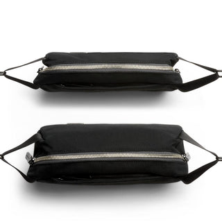 Bellroy Classic Sling 3L in black recycled fabric with silver zipper and adjustable straps shown from side views