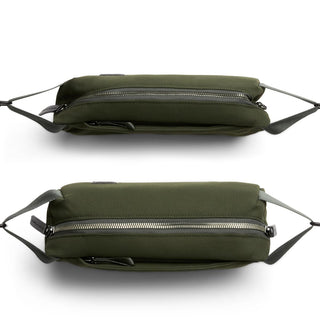 Bellroy Classic Sling 3L in olive green with slim profile and durable zipper detail from recycled materials