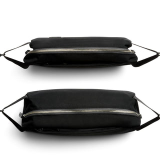 Bellroy Classic Sling 5L in black showing slim profile and sturdy zipper detail on recycled fabric