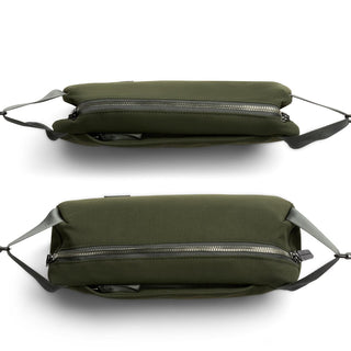 Bellroy Classic Sling 5L in olive green with durable recycled fabric and metal zipper detail