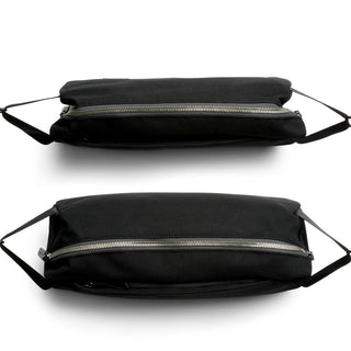 Bellroy Classic Sling 7L in black with silver zipper and slim recycled fabric design shown from top and side angles
