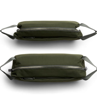 Bellroy Classic Sling 7L in olive green with smooth zipper detail and adjustable straps viewed from top and bottom