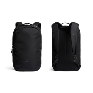 Bellroy Via Backpack in black recycled fabric shown from front and back with padded straps