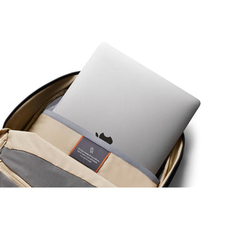 Bellroy Via Backpack with padded laptop compartment and beige recycled fabric interior lining