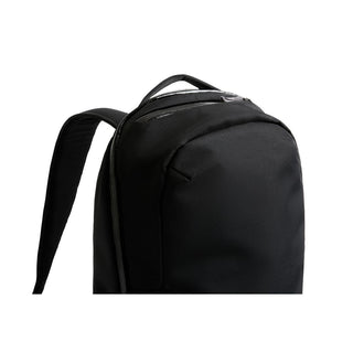 Bellroy Via Backpack in black recycled polyester with padded shoulder straps and sleek top handle