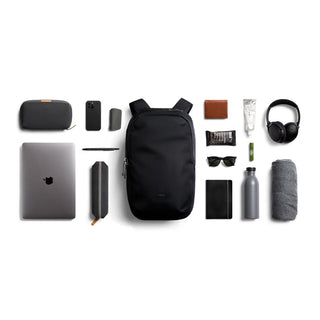 Bellroy Via Backpack in black with sleek recycled fabric and organized layout of everyday essentials