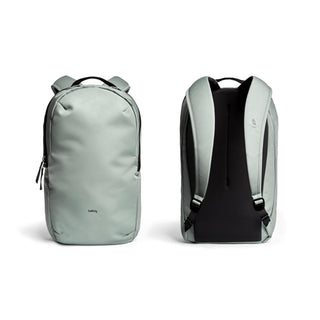 Bellroy Via Backpack in muted gray green with smooth fabric front and padded back straps view