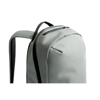 Bellroy Via Backpack in muted green with smooth recycled fabric and padded straps visible from side angle