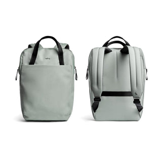 Bellroy Via Workpack backpack in light grey showing front pocket and padded straps from back view