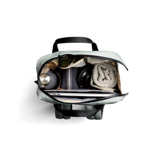 Bellroy Via Workpack open top view showing organized compartments with tech and travel essentials