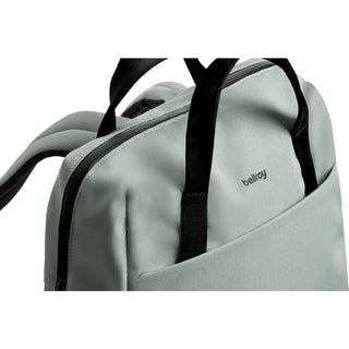 Bellroy Via Workpack light gray backpack with black handles and smooth recycled fabric texture