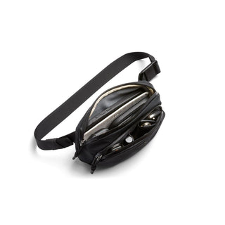 Bellroy Venture Hip Pack 1.5L in black showing organized compartments and adjustable strap