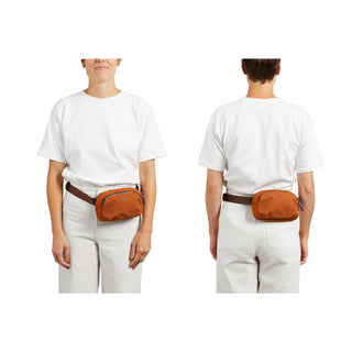 Bellroy Venture Hip Pack 1.5L in burnt orange worn on waist showing front and back views