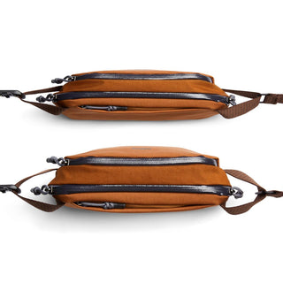 Bellroy Venture Ready Sling 2.5L in brown recycled nylon with dual zip closures and slim profile
