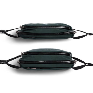 Bellroy Venture Ready Sling 2.5L in dark green recycled fabric with dual zip compartments viewed from side