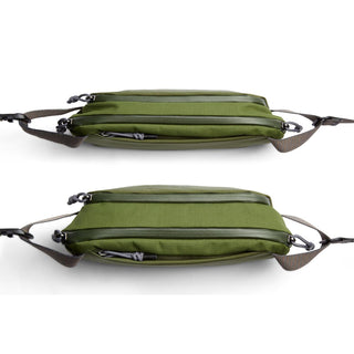 Bellroy Venture Ready Sling 2.5L in olive green with dual zip compartments and textured fabric surface