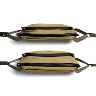 Bellroy Venture Ready Sling 2.5L in tan showing dual zip compartments and adjustable strap details