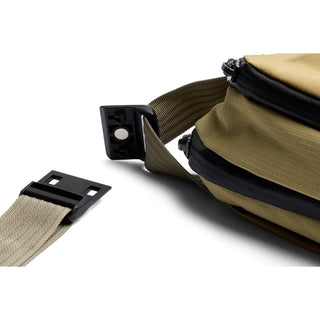Bellroy Venture Ready Sling 2.5L strap and buckle detail in khaki recycled nylon fabric close-up