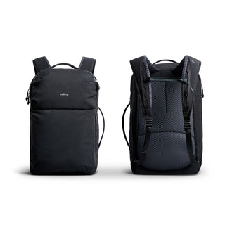 Bellroy Lite Travel Pack 30L in black showing front with zippered pocket and breathable mesh back panel