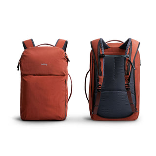 Bellroy Lite Travel Pack 30L in rust color showing front and padded mesh back with adjustable straps