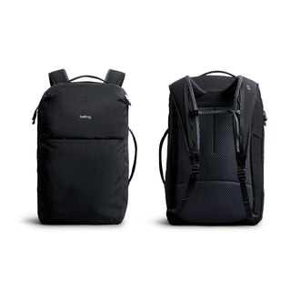 Bellroy Lite Travel Pack 38L in black showing front and padded breathable back with adjustable straps