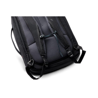 Bellroy Lite Travel Pack 38L showing padded back panel and adjustable shoulder straps in black fabric