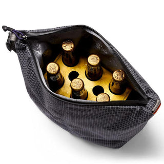 Bellroy Lite Cooler Caddy 10L in black grid fabric holding six cold bottles inside with top view