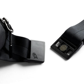 Detail of black buckle and strap on Bellroy Laneway Belt Bag made from recycled materials