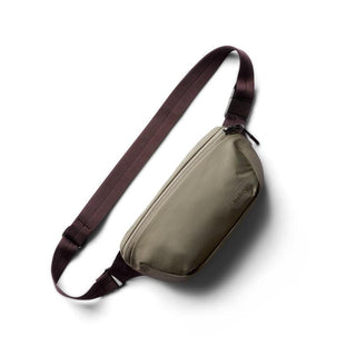 Bellroy Laneway Belt Bag in olive with adjustable dark brown strap and sleek minimalist design