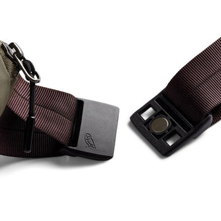 Bellroy Laneway Belt Bag buckle and adjustable strap detail in dark brown with owl logo embossed